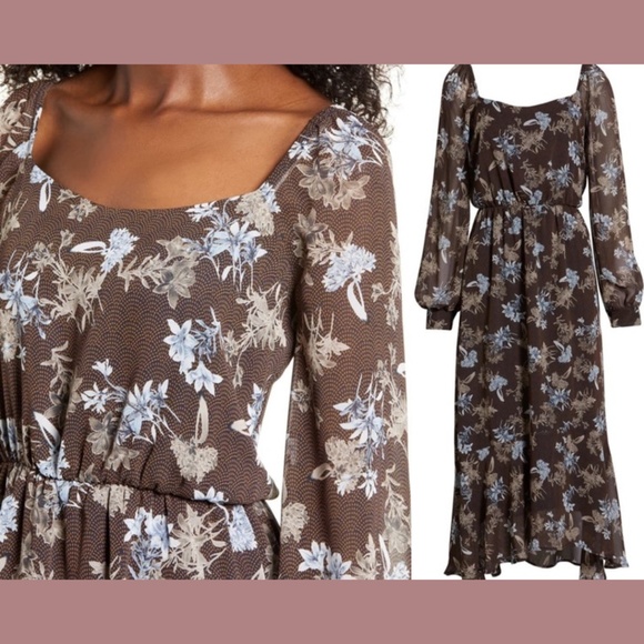 NEW All In Favor‎ [ Medium ] Square Neck Long Sleeve Midi Chiffon Dress - Picture 2 of 16